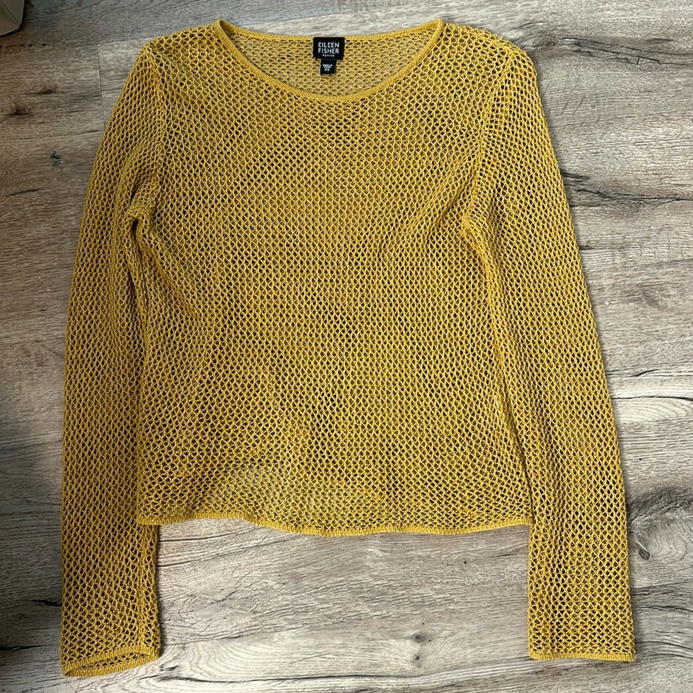 Eileen Fisher Gold Open Knit Linen Sweater Petite Small